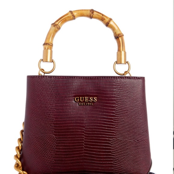 Guess Burgundy Reptile Bucket Bag with Bamboo Handle - Picture 1 of 9